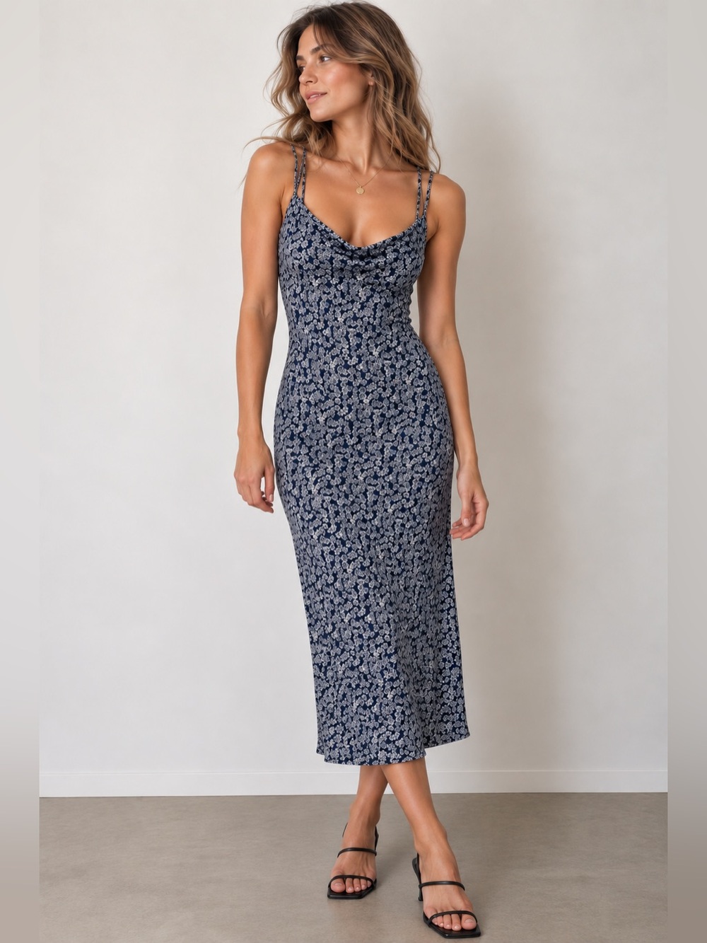 Vintage Vie ta vie Navy Floral Cowl Neck Midi Dress 90's